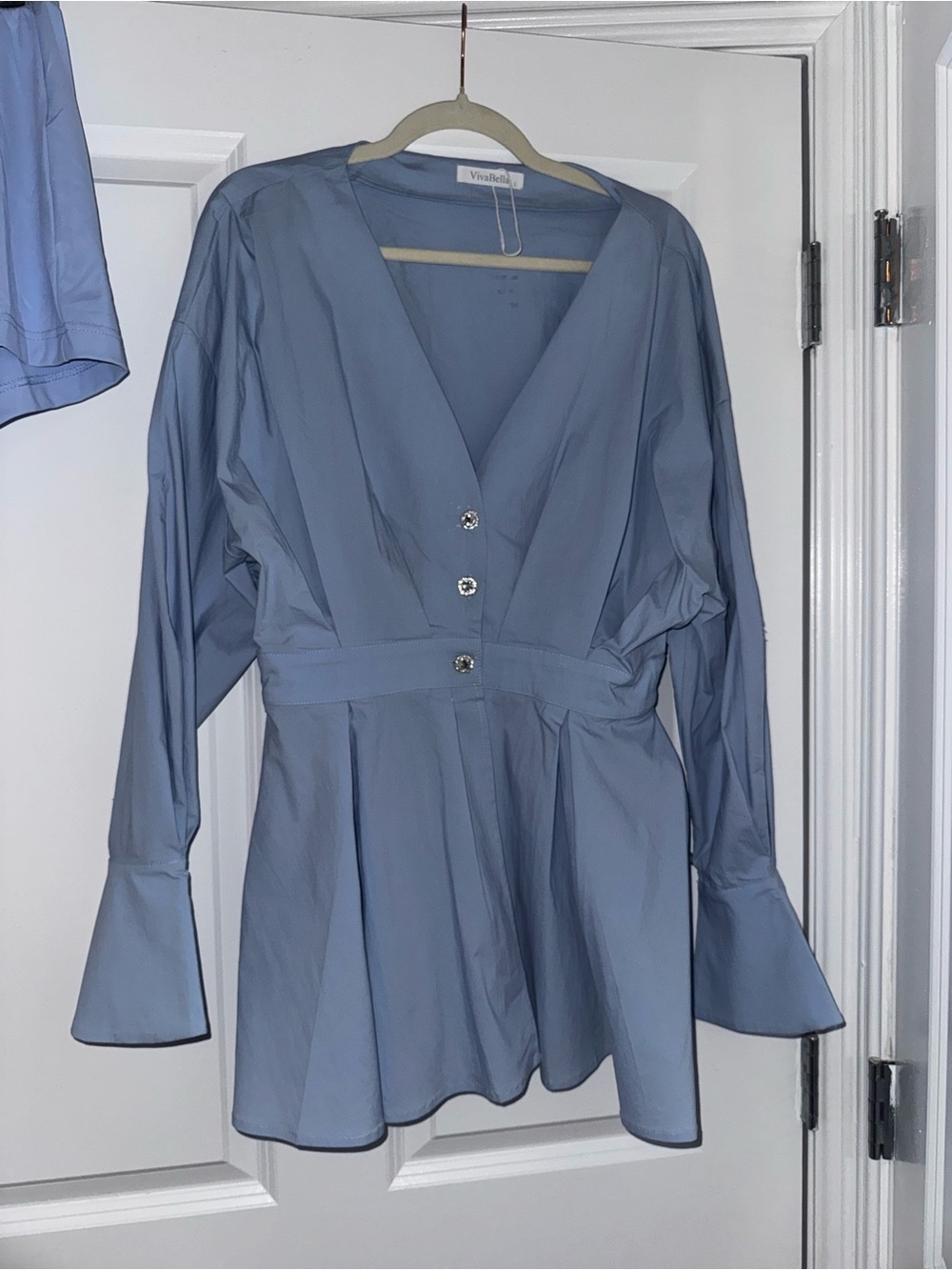 Abella Dusty Blue Long Sleeve V-Neck Peplum Shirt Dress with matching Shorts L